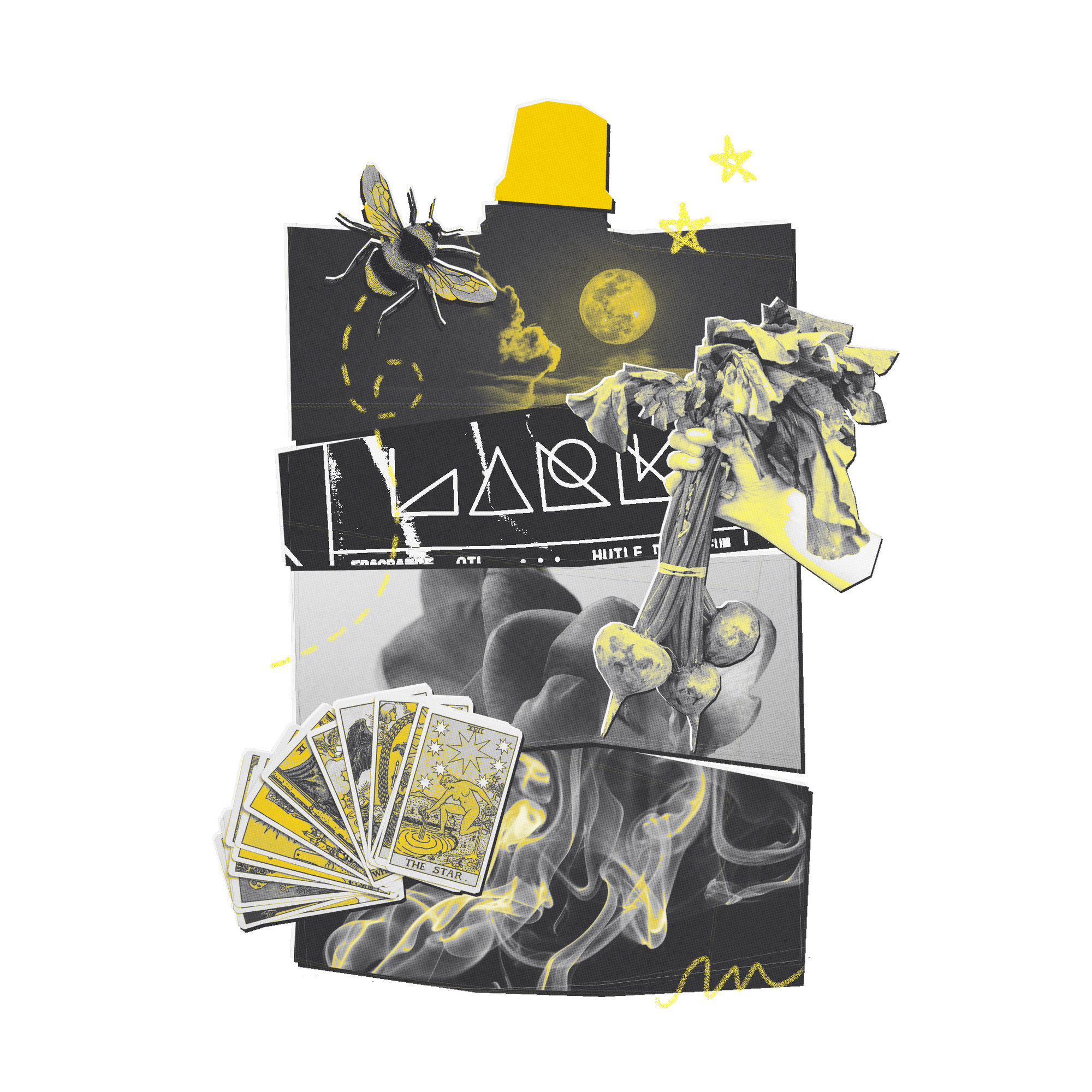 Collage of playing cards with artistic designs on a white background