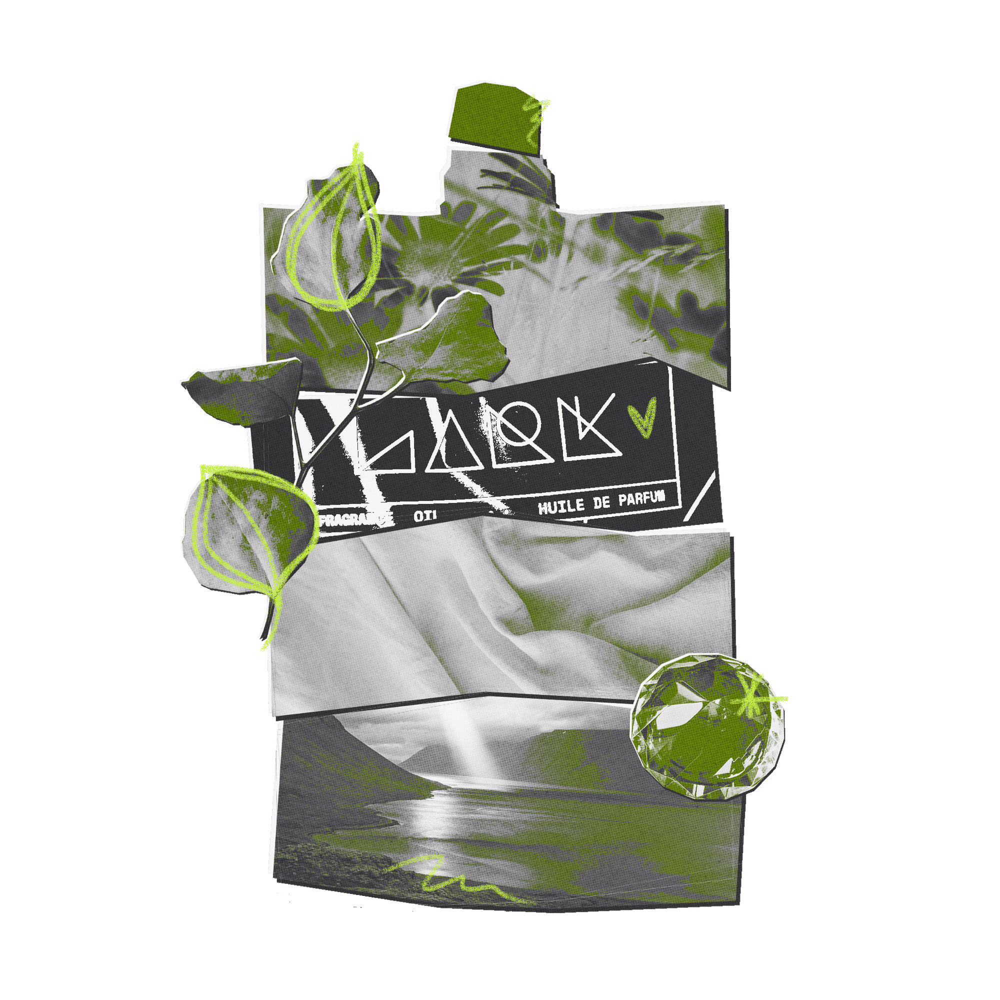 Kerrick perfume bottle packaging with green accents on a white background