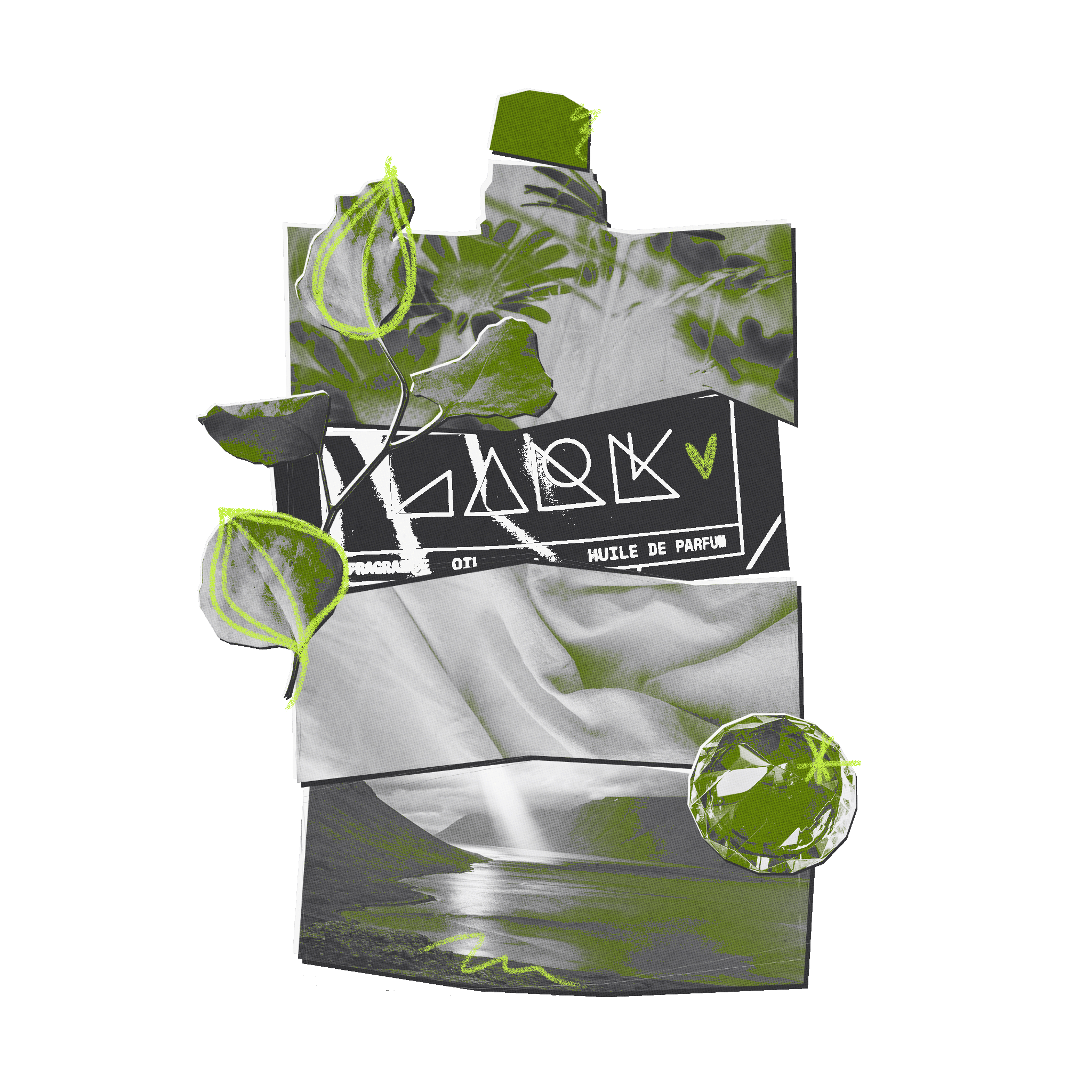 Kerrick perfume bottle packaging with green accents on a white background