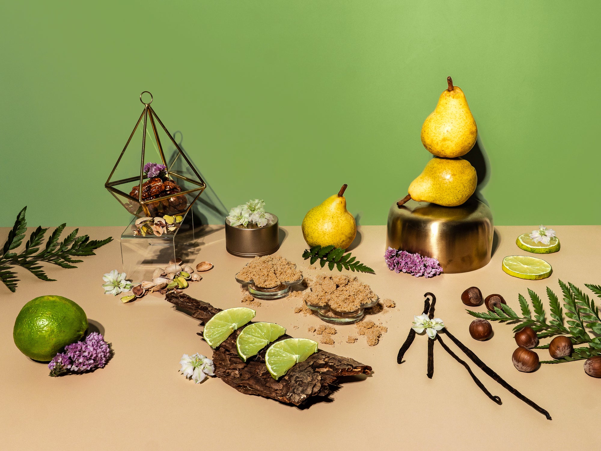 Tabletop display with limes, pears, vanilla beans, and flowers against a green background