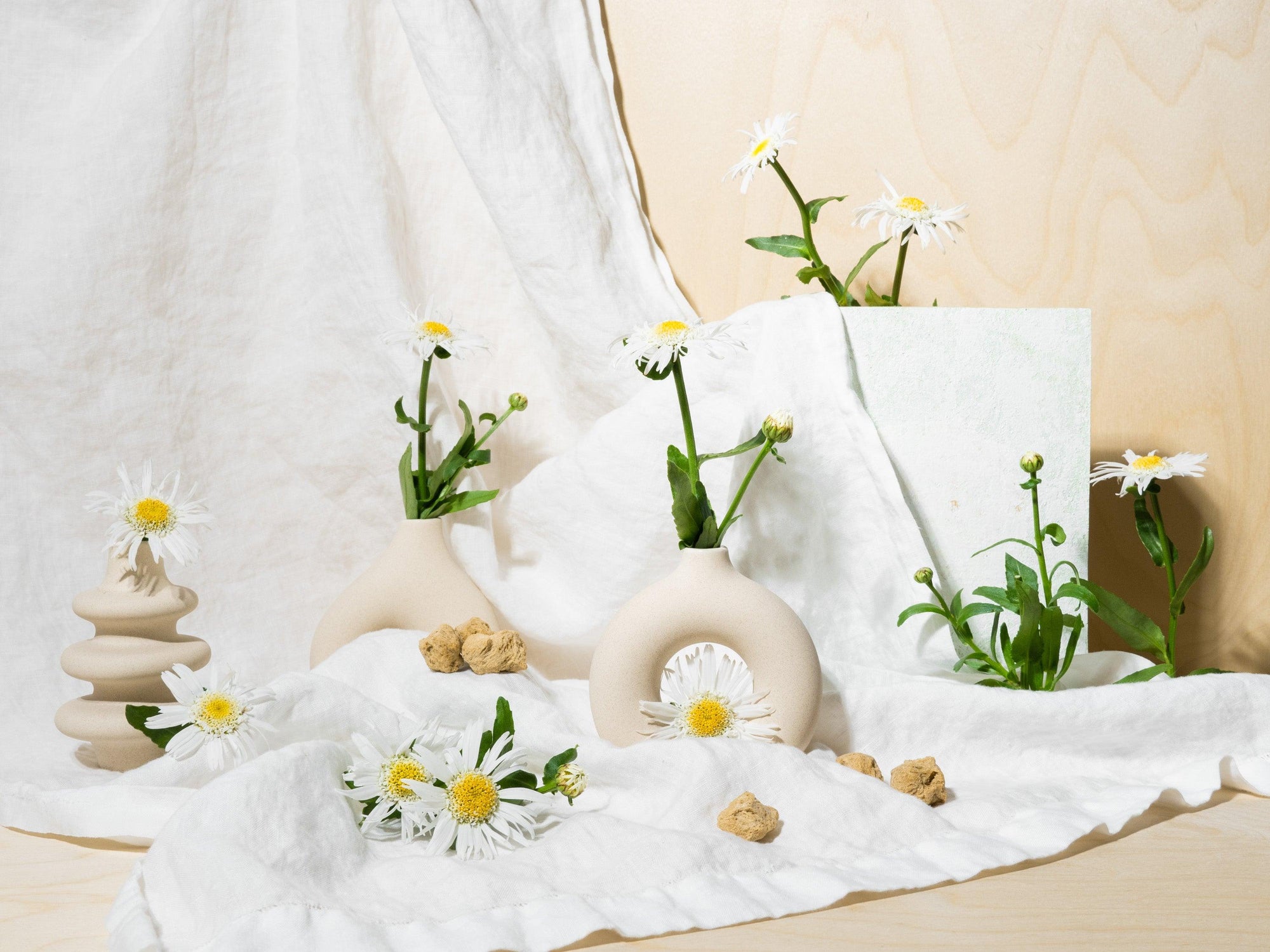 A serene composition of white daisies in soft ceramic vases, nestled among natural beige fabrics and delicate stone textures. Earthy clay tones and scattered floral elements evoke a calm, minimalist aesthetic.