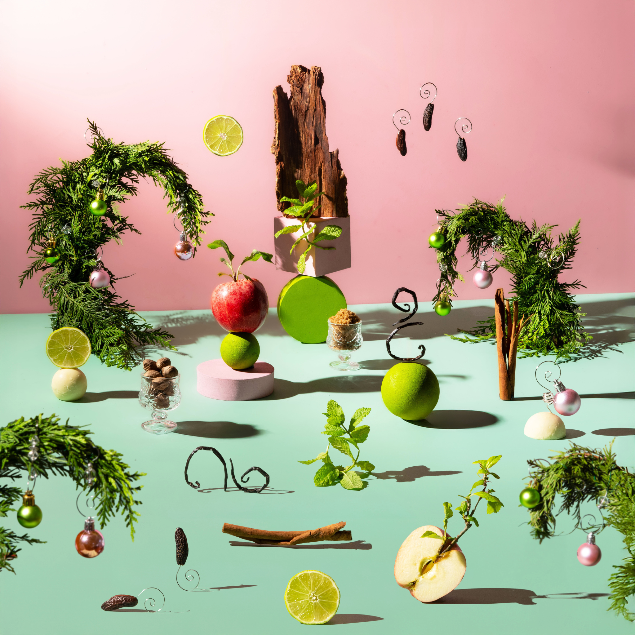 Colorful still life arrangement with fruits, plants, and decorative elements on a pink and green gradient background.