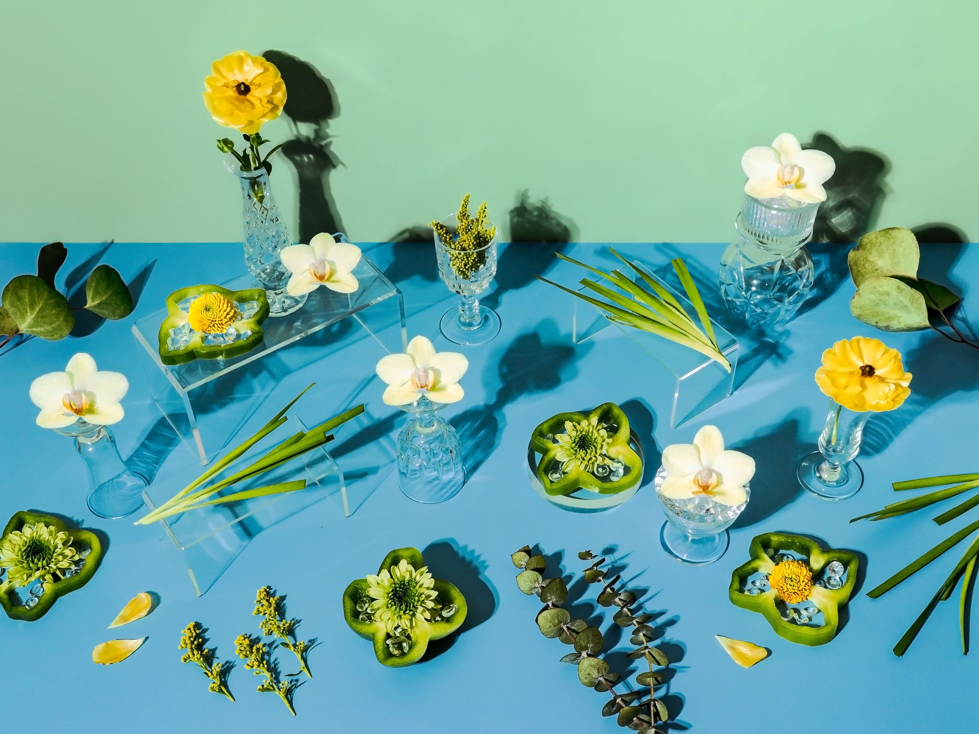 Decorative arrangement of flowers and greenery on a blue and green gradient background