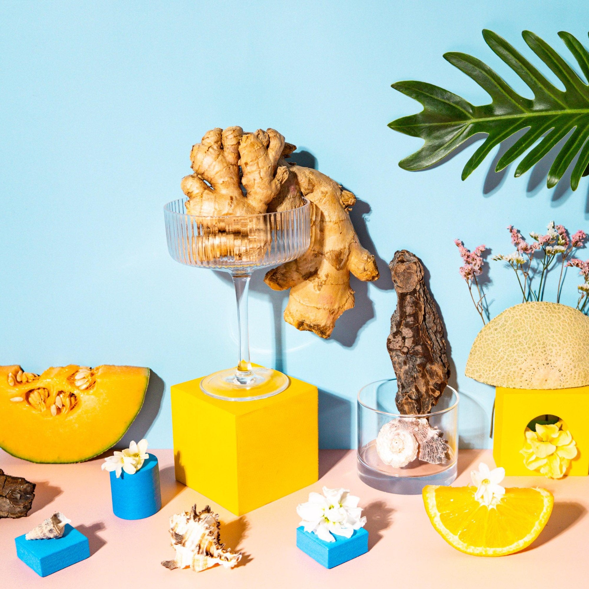 An assortment of objects related to fragrance oil, including a slice of lemon, ginger roots, a coconut, and various decorative items presented in a colorful setup with a blue background.