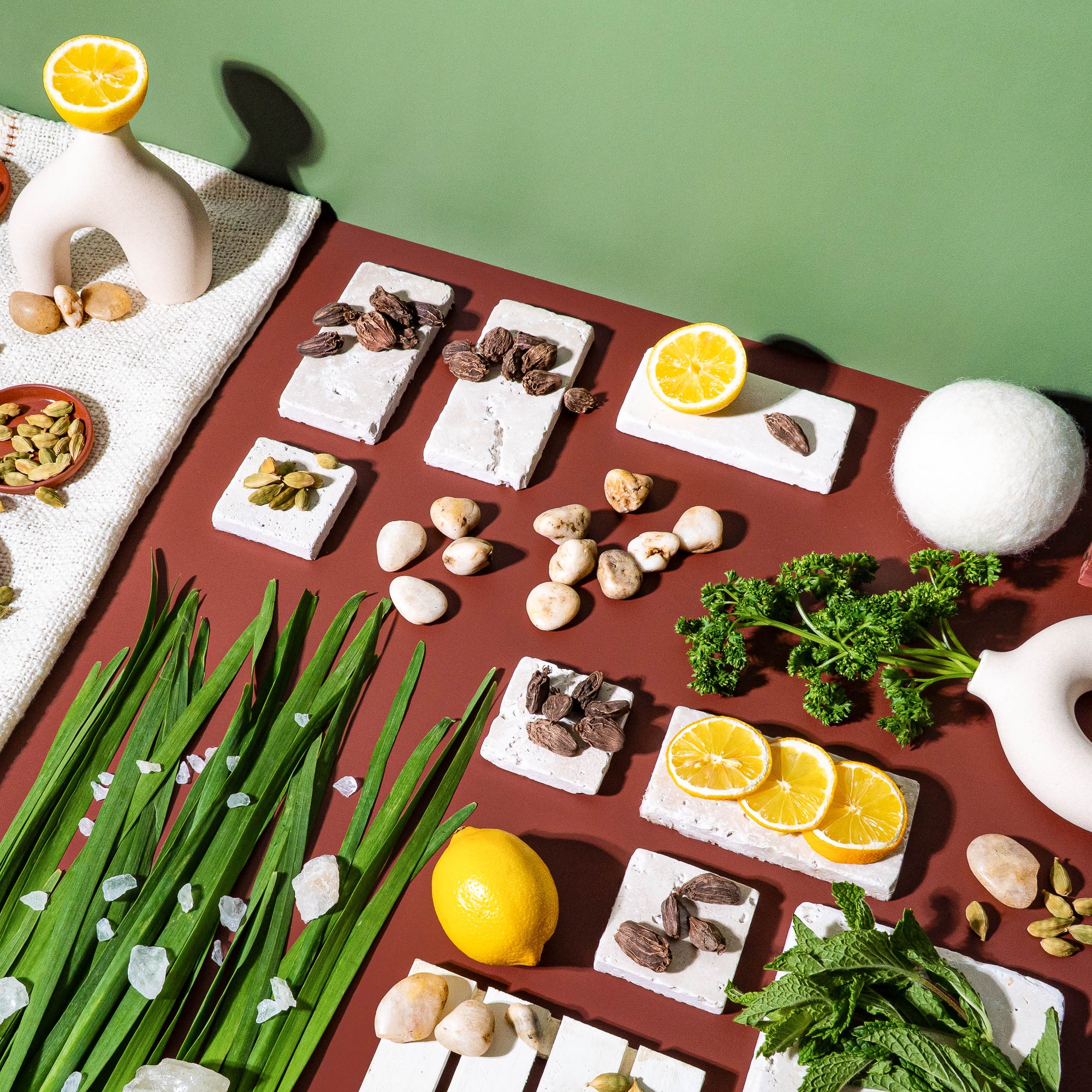 Flat lay, for a fragrance oil, of botanical and natural elements including cardamom pods, black cardamom, fresh lemon slices, mint leaves, parsley, palm grass, and white stone tiles arranged on red and cream surfaces with a green backdrop. Styled to represent fragrance notes for a scent inspired by earthy, herbal, and citrus accords.