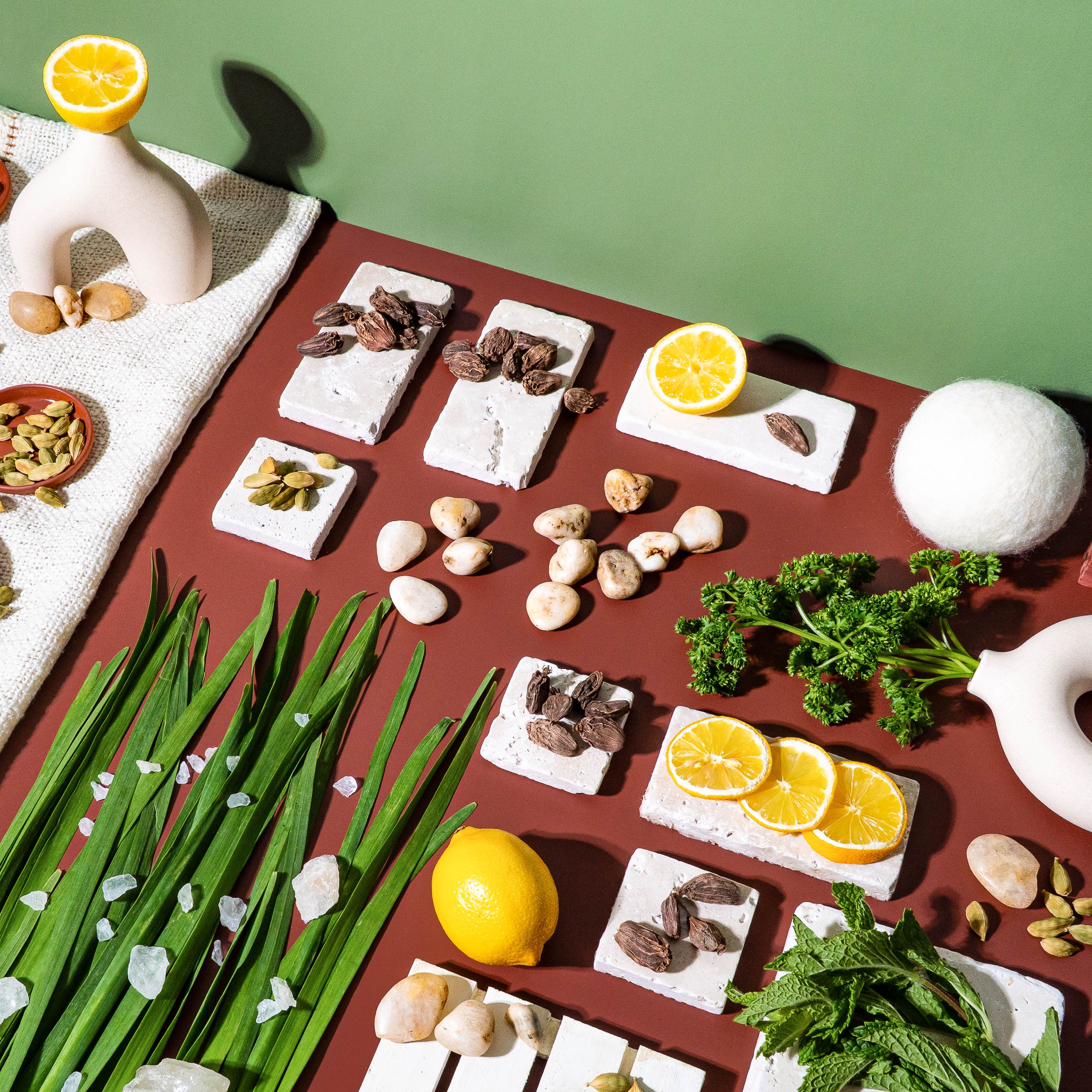 Flat lay, for a fragrance oil, of botanical and natural elements including cardamom pods, black cardamom, fresh lemon slices, mint leaves, parsley, palm grass, and white stone tiles arranged on red and cream surfaces with a green backdrop. Styled to represent fragrance notes for a scent inspired by earthy, herbal, and citrus accords.