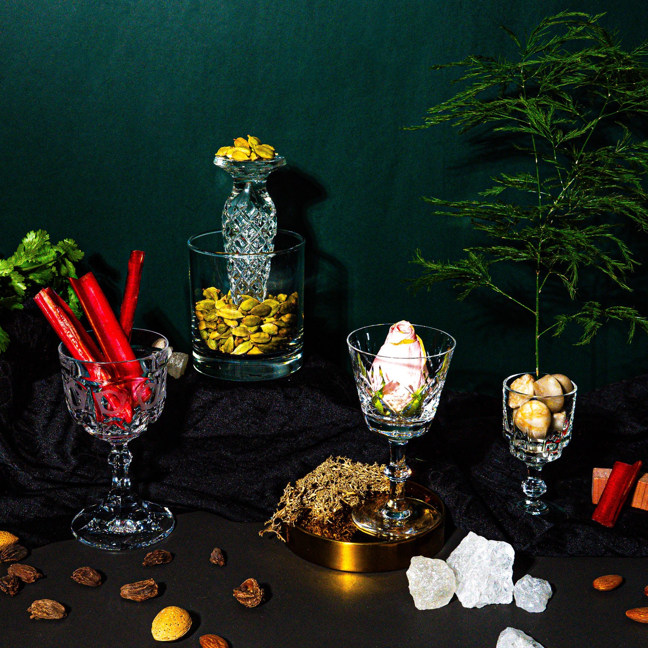 A moody, elegant flat lay featuring an assortment of ingredients: vibrant cilantro, bright red rhubarb sticks, cardamom pods in a crystal vase, a delicate pink rose in a glass, macadamia nuts, and rustic cinnamon sticks. These elements are artfully arranged on a dark backdrop, with crystalware and decorative touches like moss, stones, and wooden cubes adding layers of texture and sophistication.