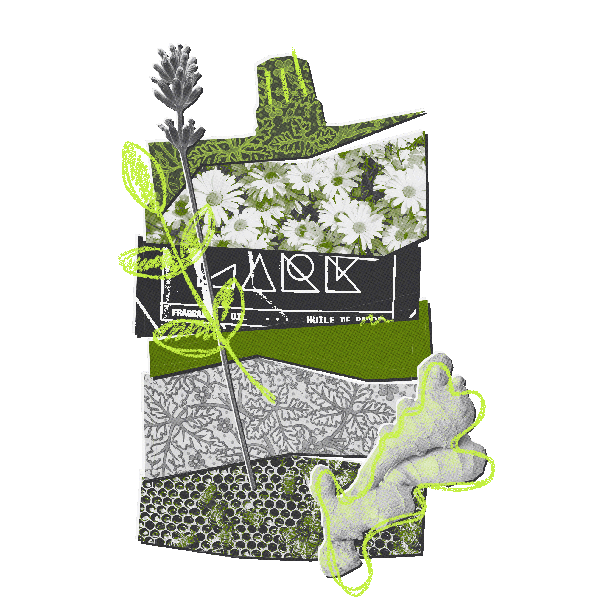 Collage of green and gray patterns with floral elements on a white background