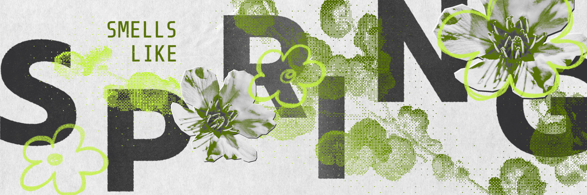 Text 'SMELLS LIKE SPRING' with floral elements on a light background