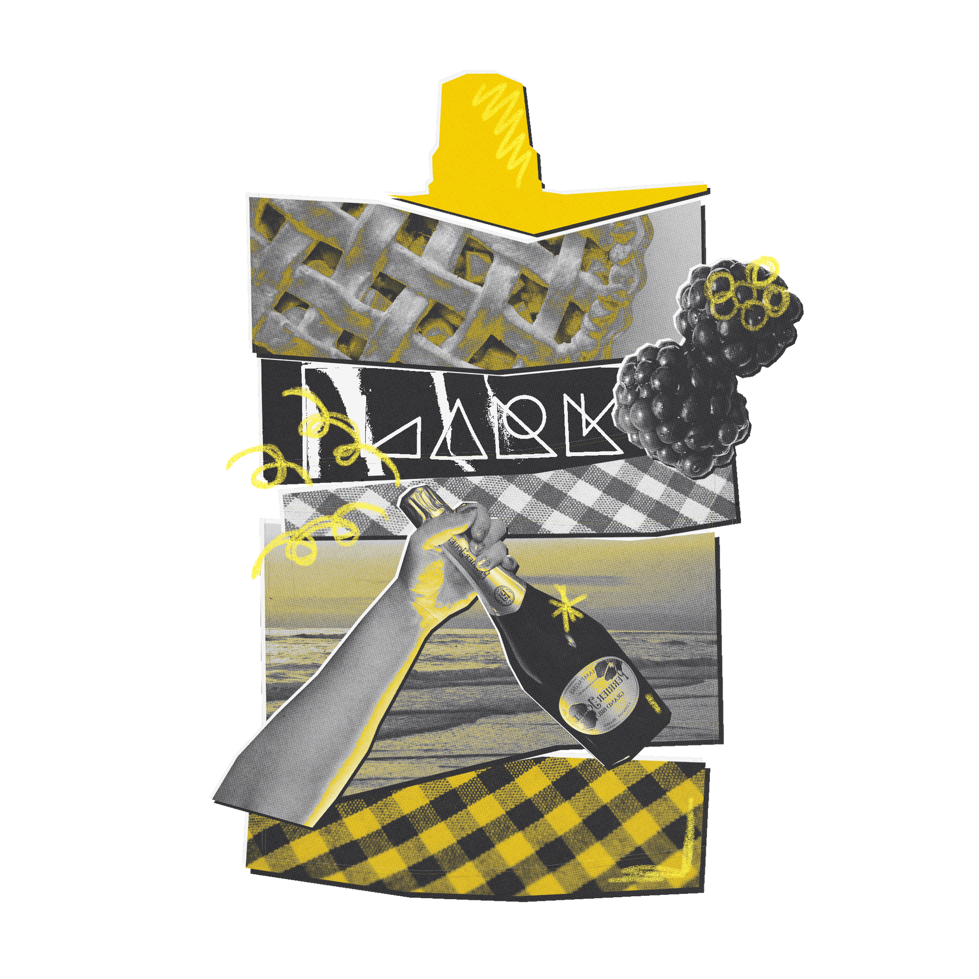 Collage of a bottle, hat, and other items with a checkered pattern on a white background