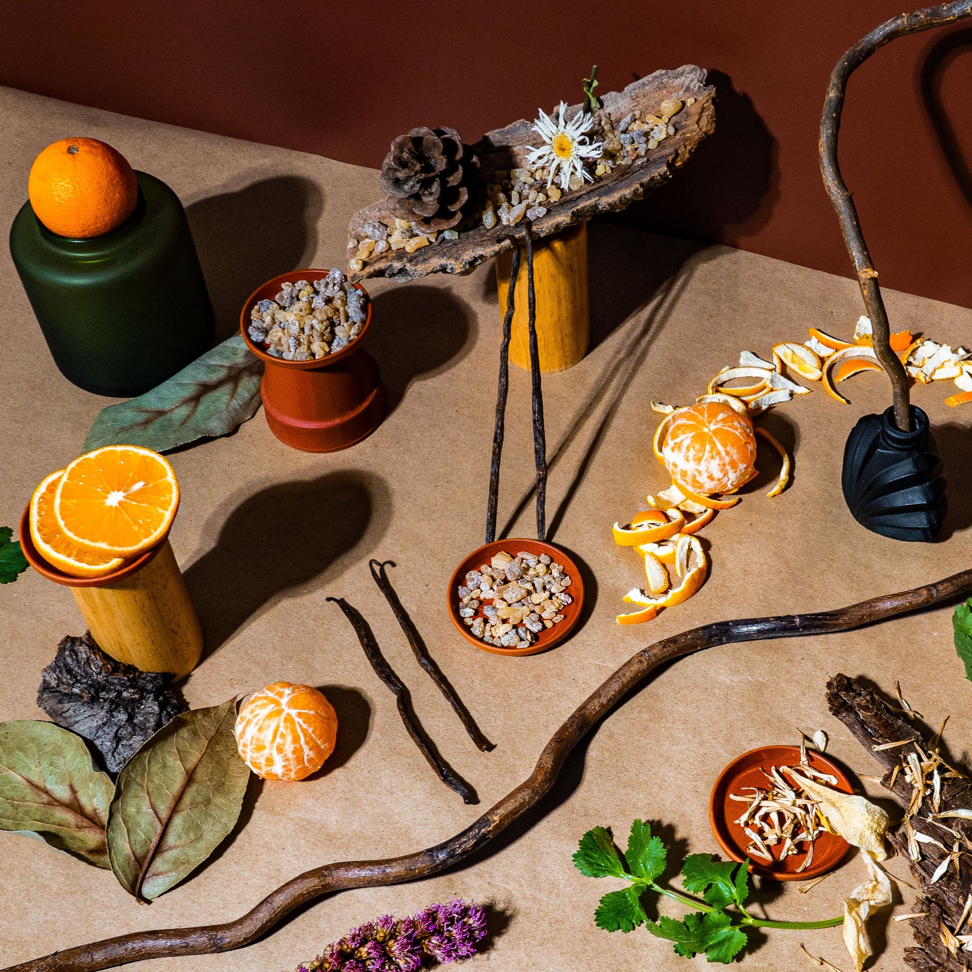 A visually rich flat lay composition featuring citrus elements, including whole and sliced oranges and tangerines, dried botanicals, vanilla pods, and fresh herbs arranged on a neutral-toned background. Wooden textures, pinecones, and resin pieces are artfully placed, accompanied by a black sculptural object and a curved branch, adding depth and contrast. Orange peels are scattered around, enhancing the natural, earthy aesthetic of the scene. The lighting casts soft shadows, emphasizing the details