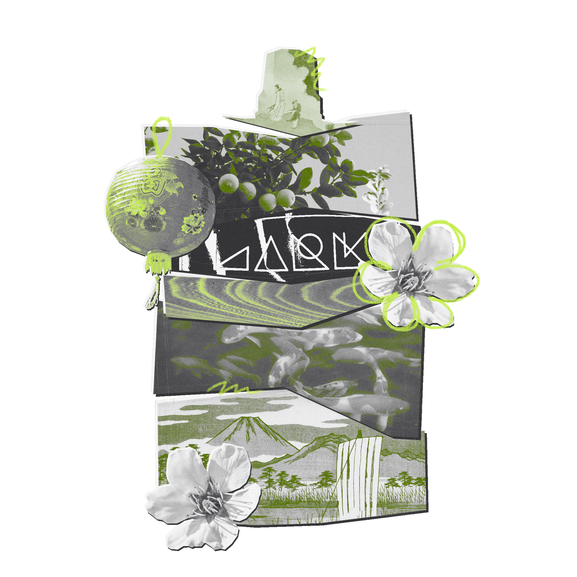 Set of stationery items including a notebook, pen, and flowers on a white background