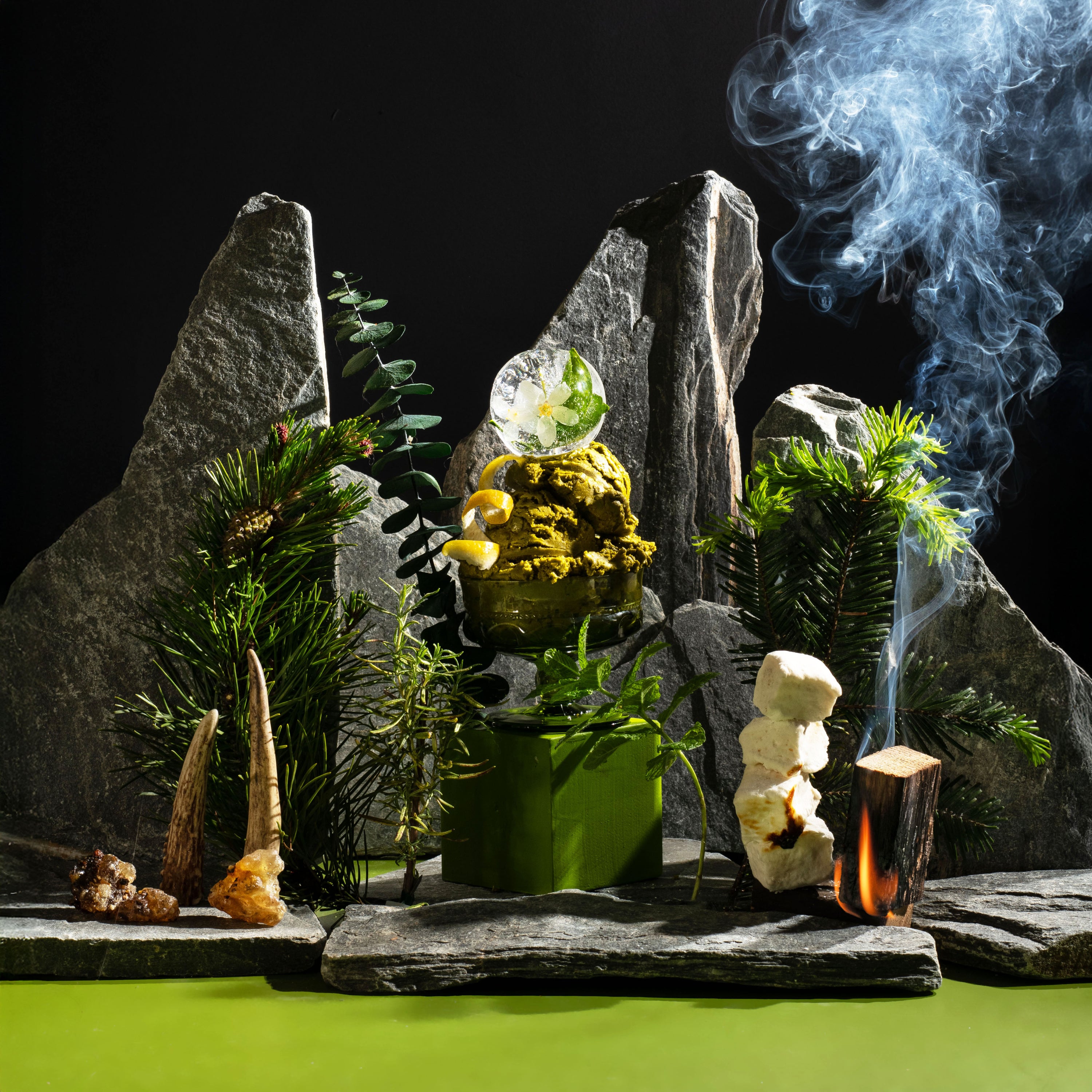 Mineral display with plants and smoke on a dark background