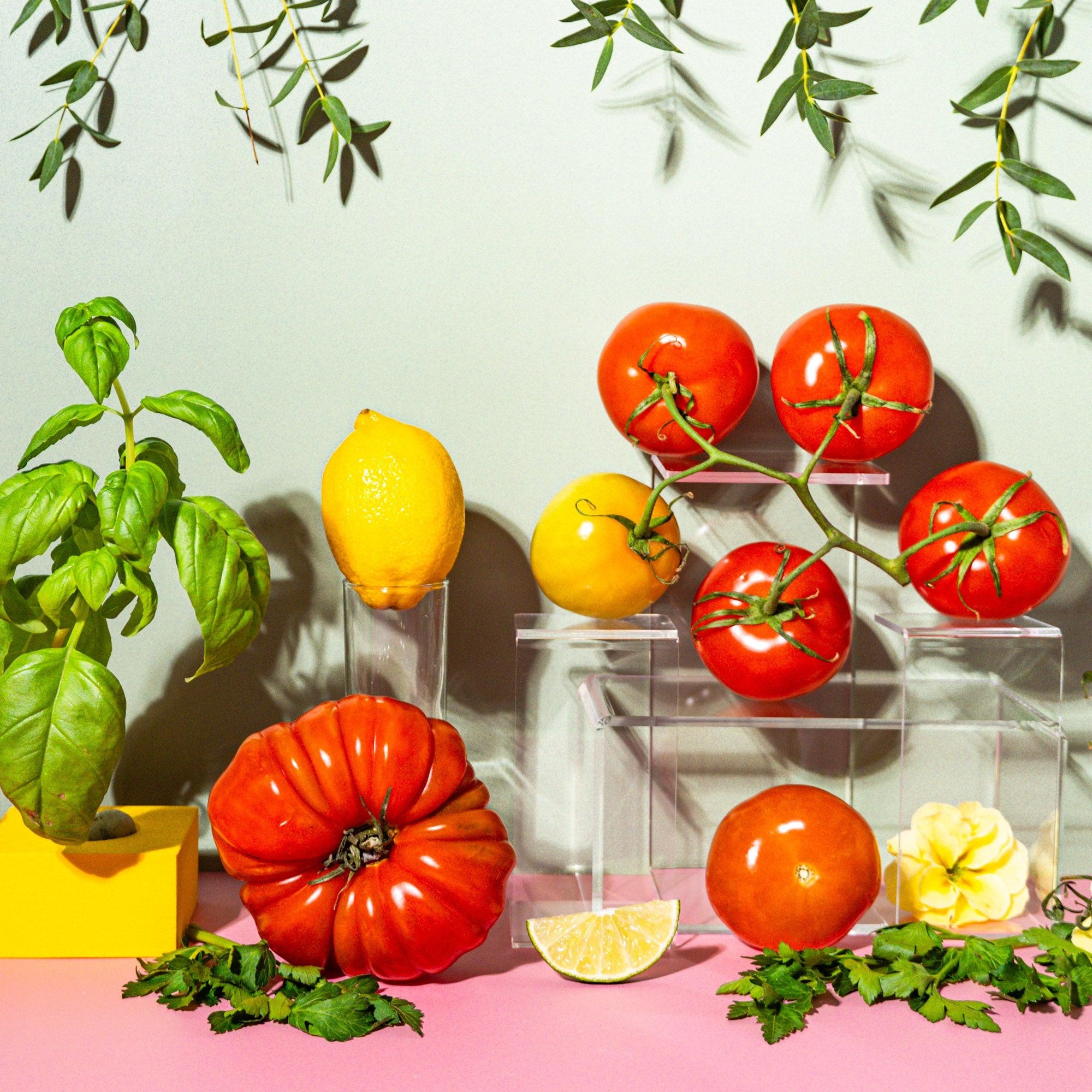 Assorted fruits and vegetables on a pink surface with greenery