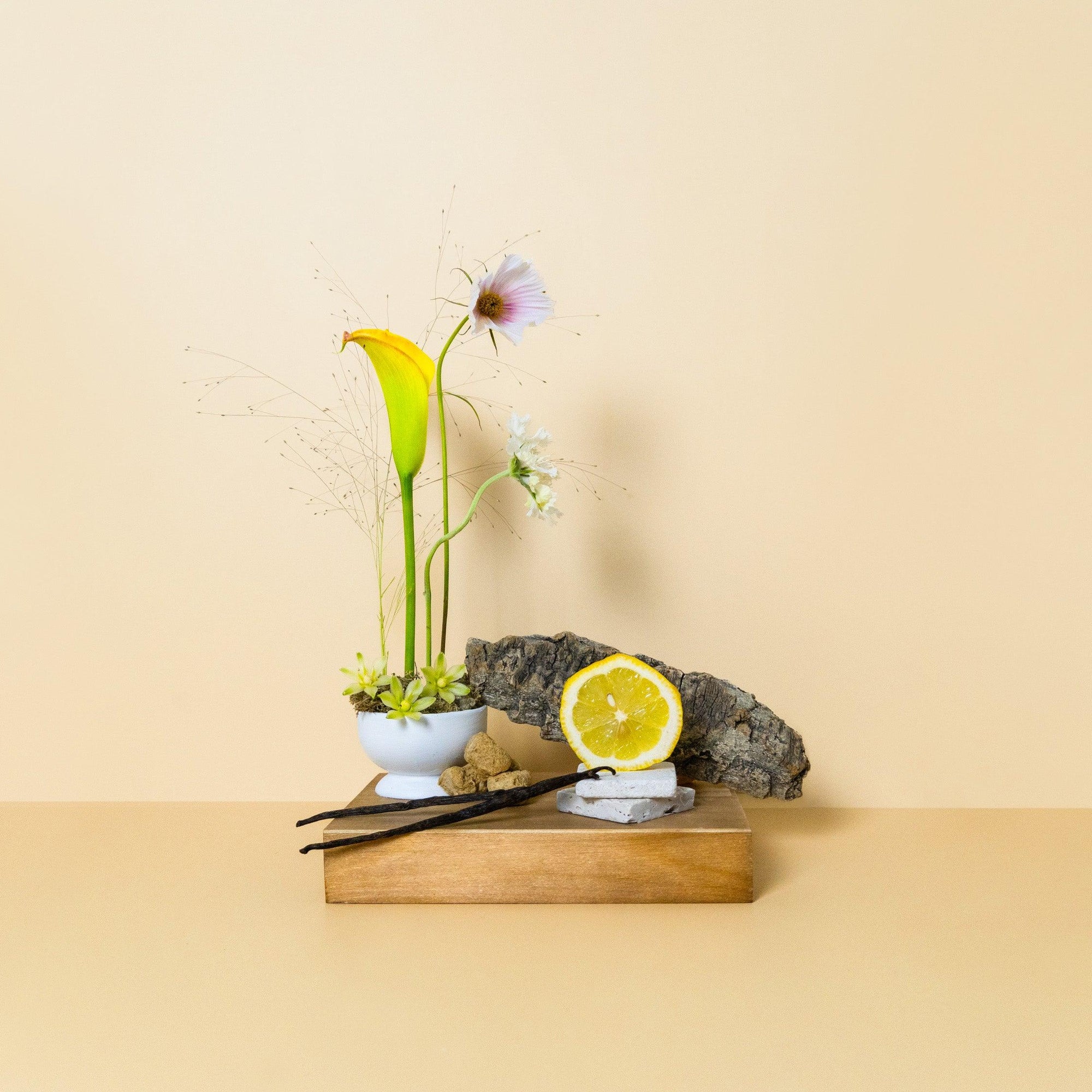 A small glass bottle of fragrance oil displayed on a wooden surface with a decorative arrangement of a yellow flower, green leaves, and a slice of lemon in the background.