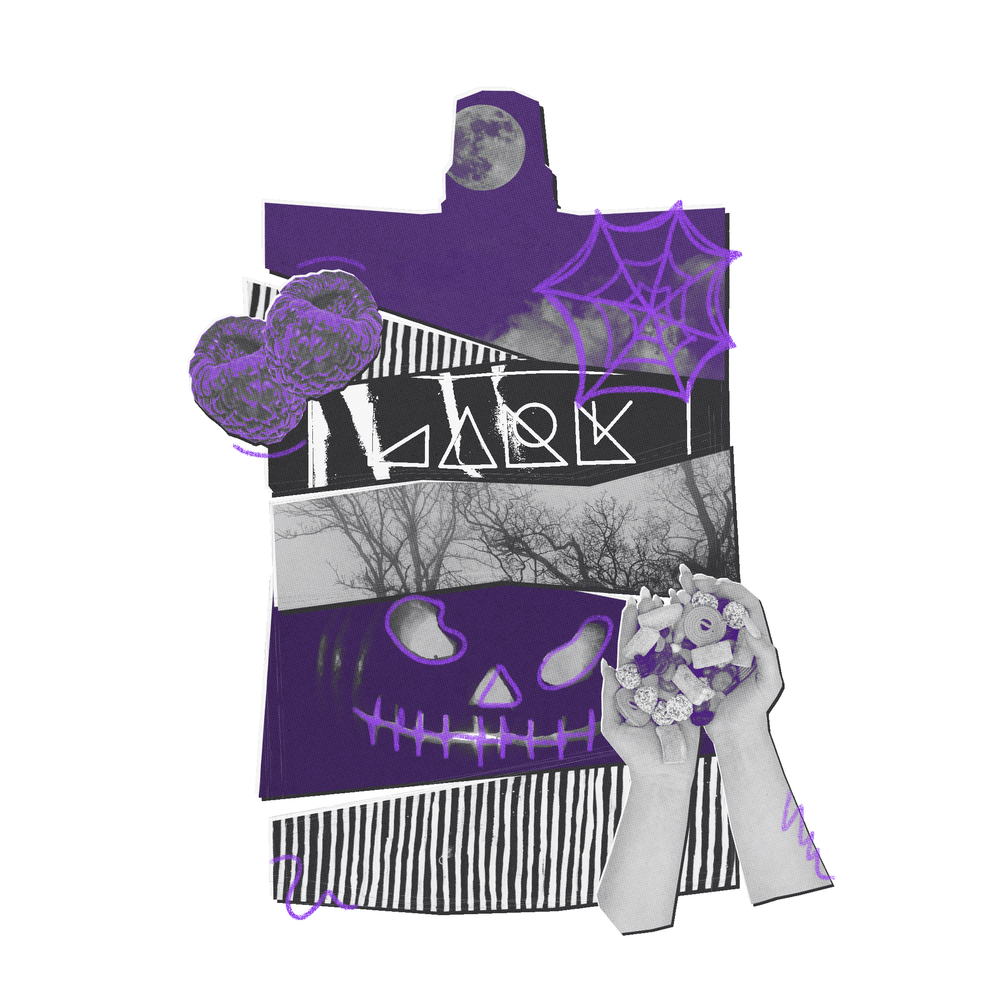 Halloween-themed poncho with purple accents and ghost design on a white background