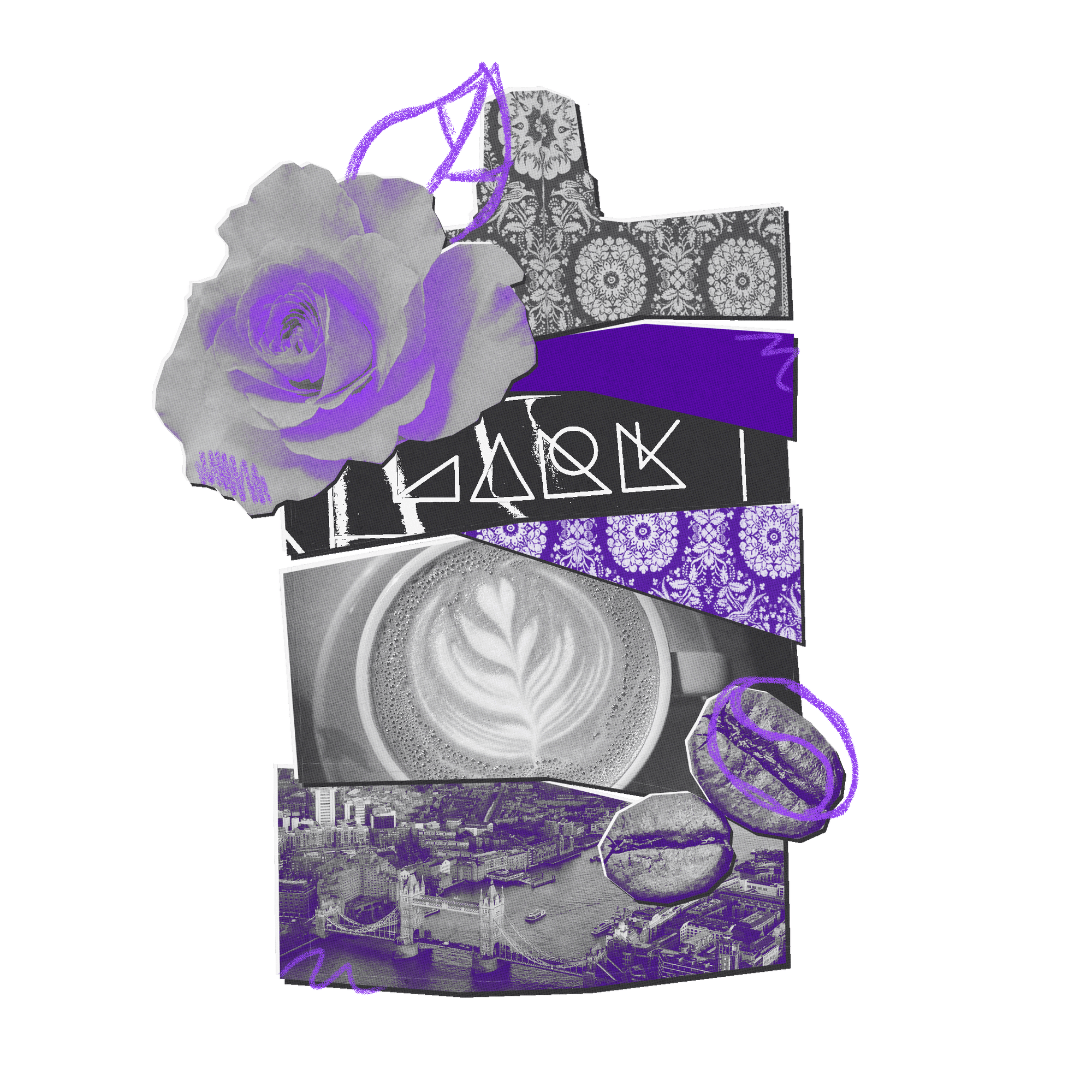 Collage of a purple rose, patterned shirt, and other decorative elements on a white background