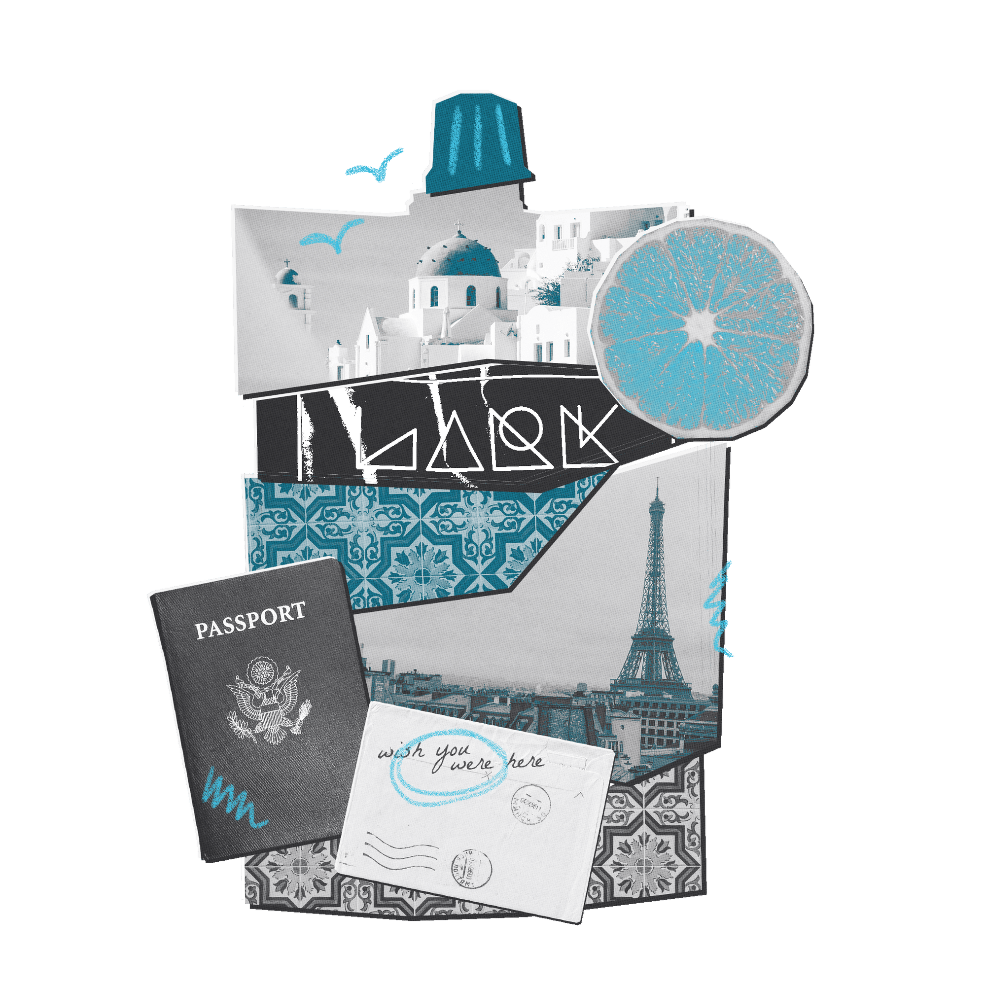 Travel-themed stationery set with passport, cards, and decorative elements on a white background