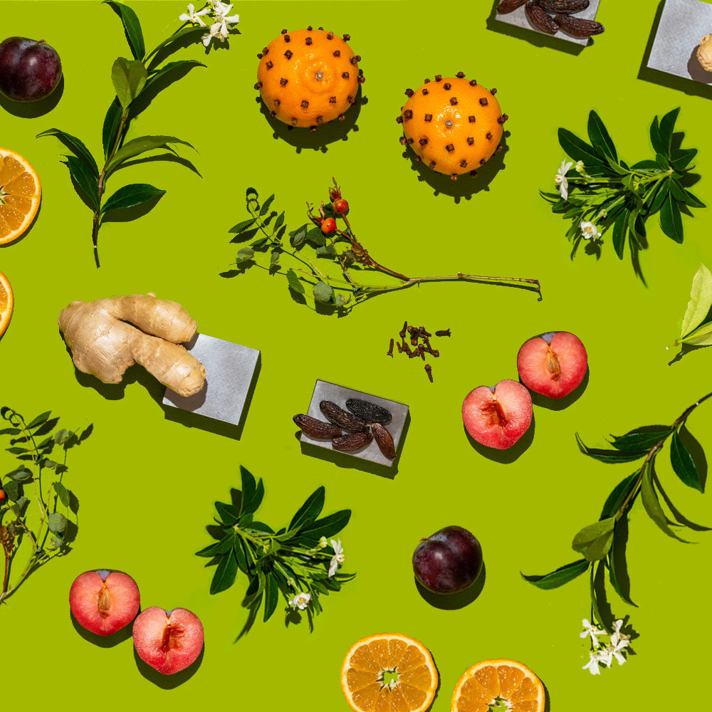 Various fruits and herbs on a green background
