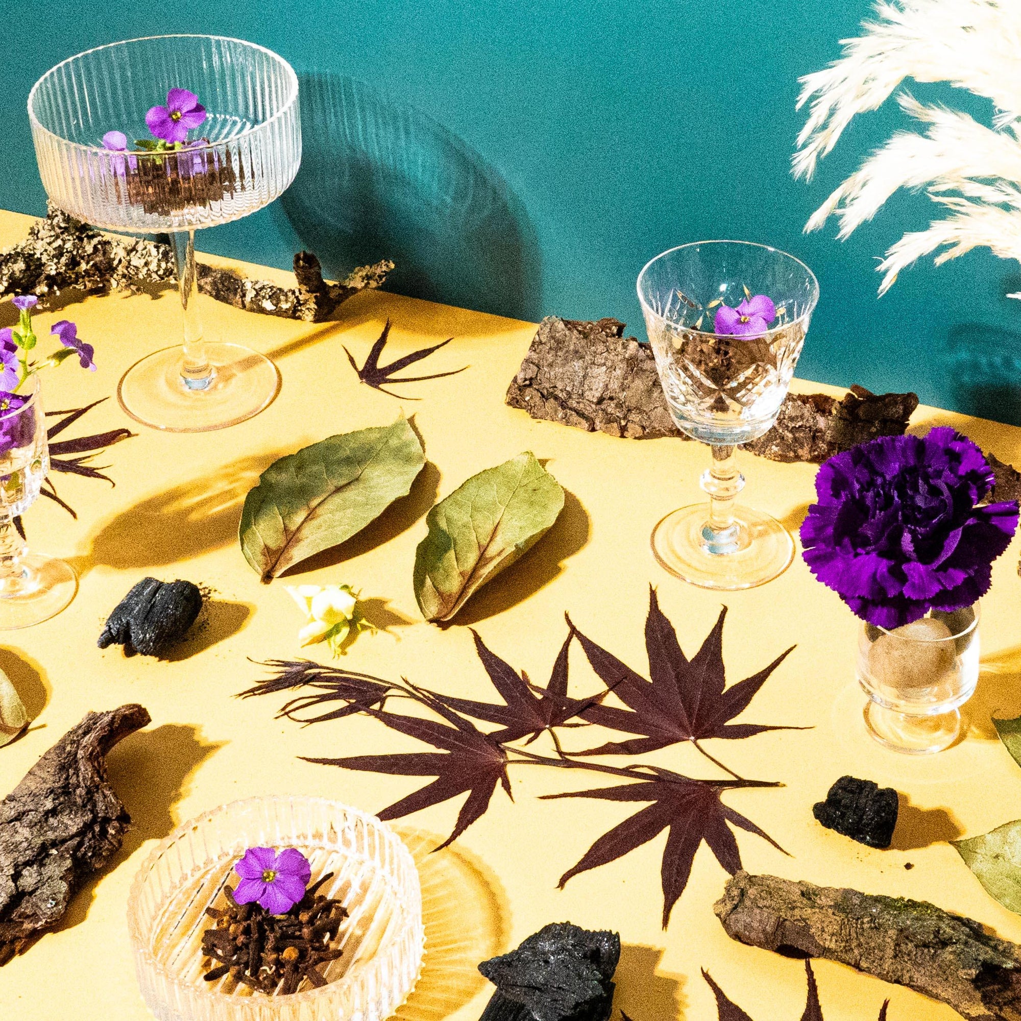 A still life arrangement featuring glass vases with flowers, petrified wood, leaves, and other botanical elements against a yellow and blue background.